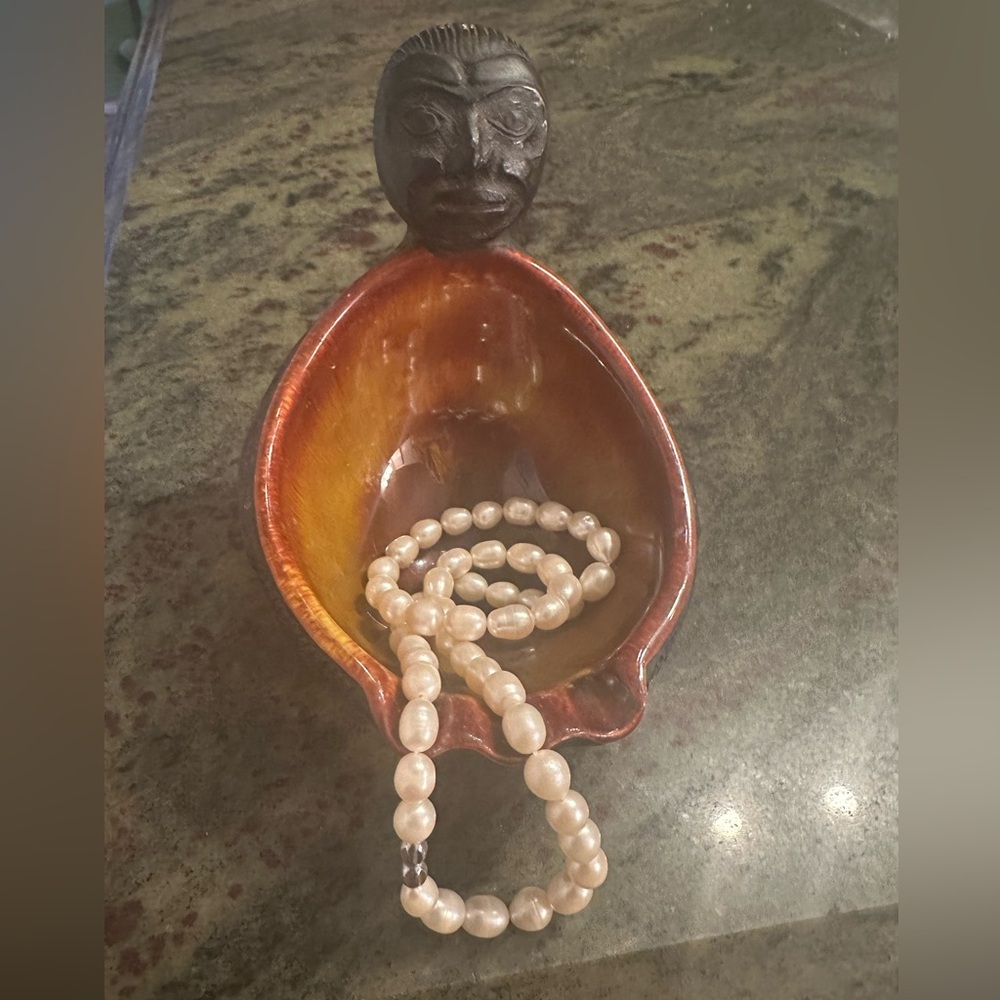 Vintage carved resin and ceramic tiki man trinket bowl ashtray signed BOMA